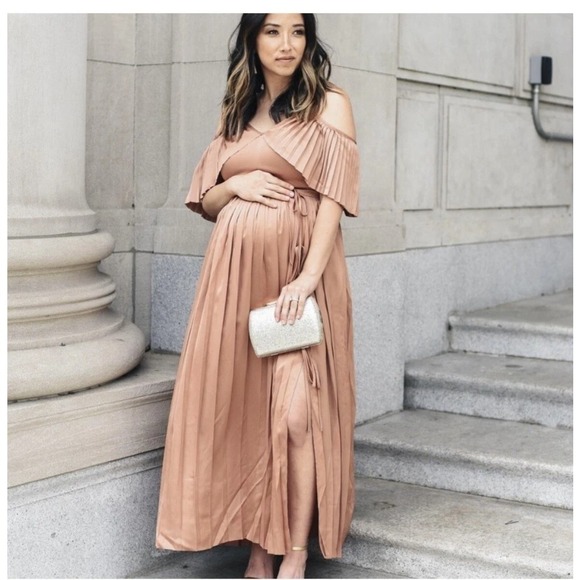 Banana Republic x Olivia Palermo Pleated Maxi Dress SZ 4P Bronze Brown Boho - Picture 3 of 16